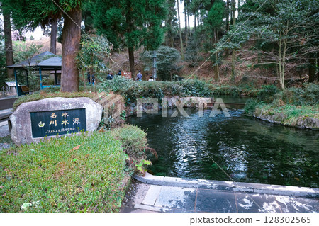 March 26 2025 Tranquil Japanese Water Source in Forested Setting with Stone Plaque, Japan 128302565