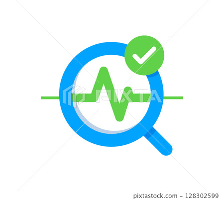 magnifying glass with a waveform graph and check mark. health tool app. concepts of health tracking, medical diagnostics, fitness analysis magnifying glass with a waveform graph and check mark. health tool app. concepts of health tracking, medical diagnostics, fitness analysis 128302599