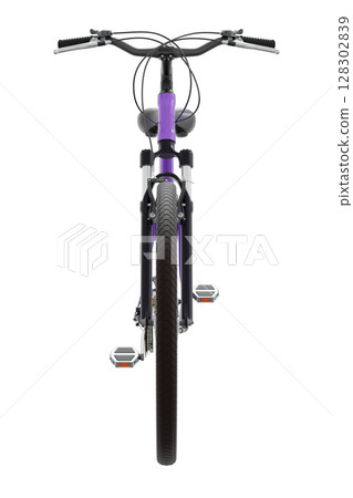 Purple bicycle, front view. Black leather saddle and handles. Png clipart isolated on transparent background 128302839