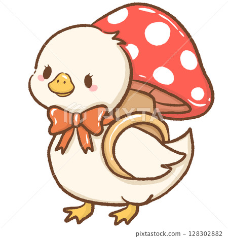 Cute hand drawn kawaii silly goose wearing a mushroom like a backpack charming whimsical forest illustration perfect for fairy tale themes magical nature designs children books stickers stationery  128302882