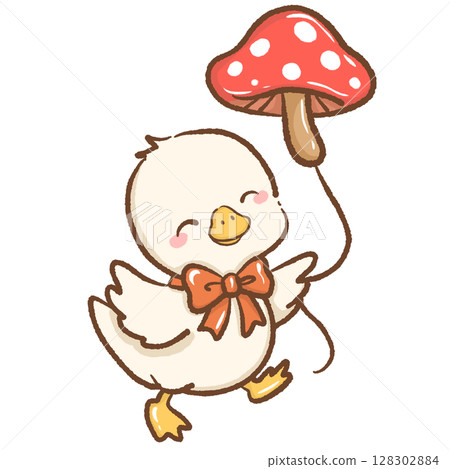 Adorable hand drawn kawaii silly goose playing with a mushroom shaped kite whimsical forest illustration perfect for fairy tale themes magical nature designs children books stickers stationery  128302884
