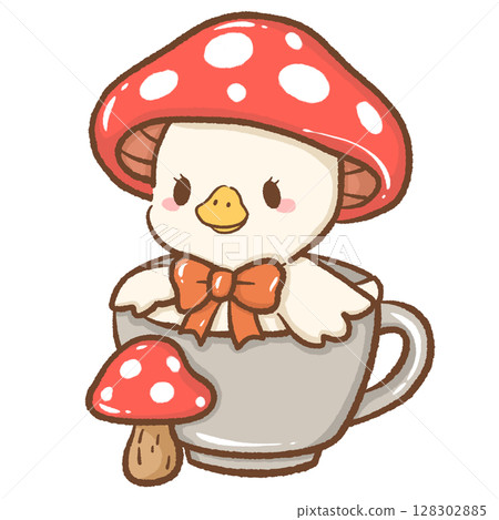 Cute hand drawn kawaii silly goose sitting inside a tea cup charming whimsical illustration perfect for fairy tale themes cozy designs children books stickers stationery and craft projects 128302885