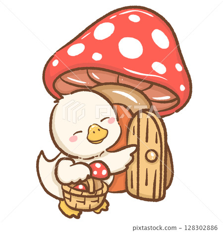 Adorable hand drawn kawaii silly goose opening a door to a mushroom cottage whimsical fairy tale illustration perfect for magical forest themes nature designs children books stickers and crafts Adorable hand drawn kawaii silly goose opening a door to a mushroom cottage whimsical fairy tale illustration perfect for magical forest themes nature designs children books stickers and crafts 128302886