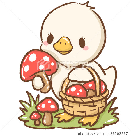 Adorable hand drawn kawaii silly goose picking mushrooms and placing them in a basket charming forest illustration perfect for fairy tale themes nature designs children books stickers stationery 128302887