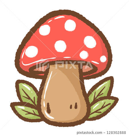 Cute hand drawn kawaii red mushroom with white spots charming forest illustration perfect for fairy tale themes magical nature designs autumn decor children books stickers stationery and crafts Cute hand drawn kawaii red mushroom with white spots charming forest illustration perfect for fairy tale themes magical nature designs autumn decor children books stickers stationery and crafts 128302888
