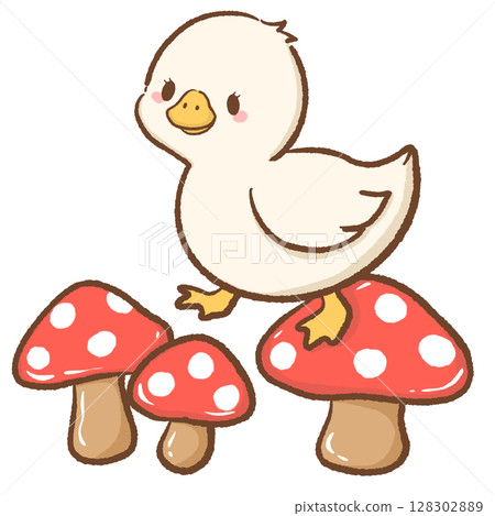 Adorable hand drawn kawaii silly goose walking on top of mushrooms whimsical forest illustration perfect for fairy tale themes magical nature designs children books stickers stationery and crafts 128302889