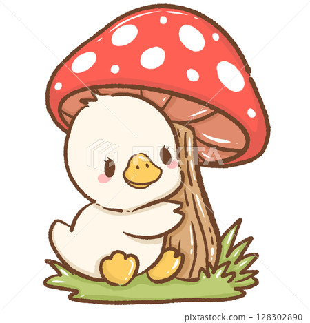 Cute hand drawn kawaii silly goose hugging a big mushroom charming whimsical forest illustration perfect for fairy tale themes magical nature designs children books stickers stationery and crafts 128302890