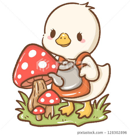 Adorable hand drawn kawaii silly goose watering mushrooms with a teapot whimsical forest illustration perfect for fairy tale themes magical nature designs children books stickers stationery 128302896