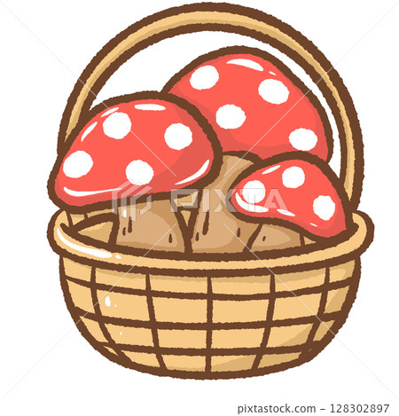 Adorable hand drawn kawaii basket overflowing with vibrant mushrooms cute forest harvest illustration perfect for autumn designs fairy tale themes nature crafts stickers and whimsical art projects 128302897
