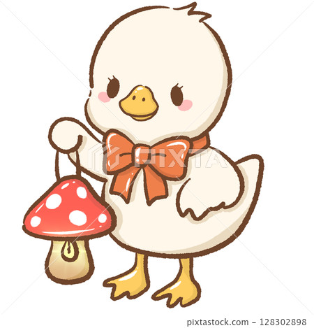 Whimsical hand drawn kawaii silly goose holding a glowing mushroom lamp cute forest creature illustration perfect for fairy tale designs children books stickers and charming craft projects Whimsical hand drawn kawaii silly goose holding a glowing mushroom lamp cute forest creature illustration perfect for fairy tale designs children books stickers and charming craft projects 128302898