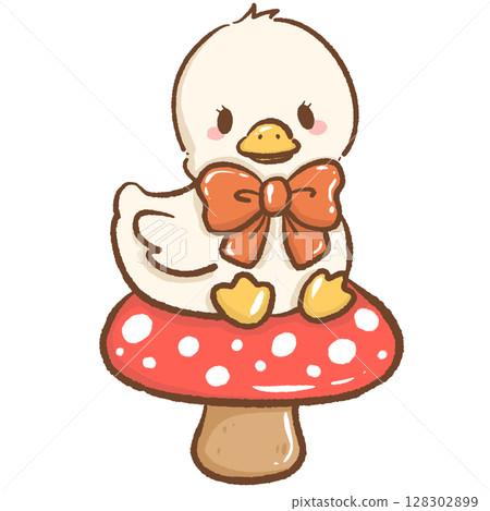 Cute hand drawn kawaii silly goose sitting on a big mushroom whimsical forest illustration perfect for fairy tale themes magical nature designs children books stickers stationery and crafts Cute hand drawn kawaii silly goose sitting on a big mushroom whimsical forest illustration perfect for fairy tale themes magical nature designs children books stickers stationery and crafts 128302899