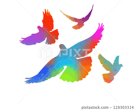 Flying colored birds silhouettes on white background. Vector illustration. isolated bird flying. tattoo design. 128303314