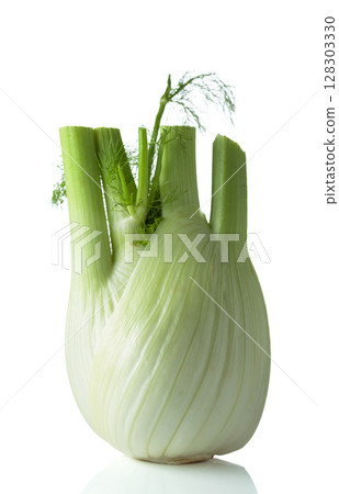 Fennel bulb with green stalks and fronds isolated on a white background. 128303330