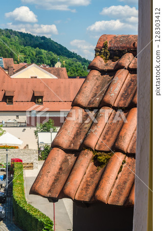 Old Clay Rooftop Tiles with Moss Growth, European Townscape in Sunny Weather. High quality photo Old Clay Rooftop Tiles with Moss Growth, European Townscape in Sunny Weather. High quality photo 128303412