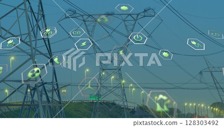 Image of digital icons over power lines Image of digital icons over power lines 128303492