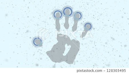 Image of hand print and scopes scanning with grey particles on white background 128303495