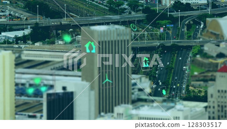 Image of digital icons over cityscape 128303517