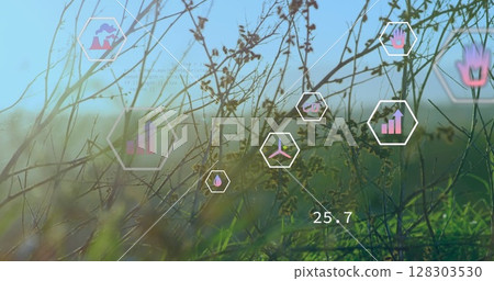 Image of digital icons and data processing over power lines on field Image of digital icons and data processing over power lines on field 128303530