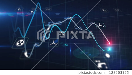 Image of digital icons and data processing over black background 128303535
