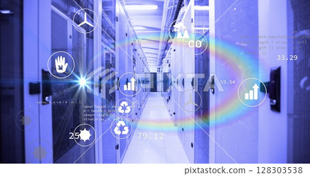 Image of digital icons and data processing over server room Image of digital icons and data processing over server room 128303538