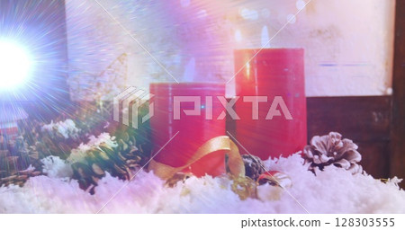 Image of glowing lights moving over fir tree cones christmas decorations 128303555