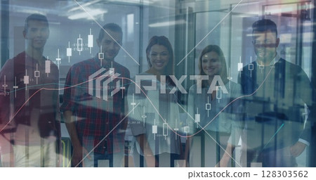 Image of financial data processing over business people in office Image of financial data processing over business people in office 128303562