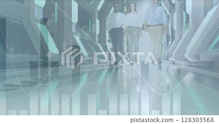 Image of financial data processing over business people walking in office 128303568