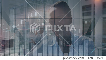 Image of financial data processing over businesswoman smiling in office 128303571