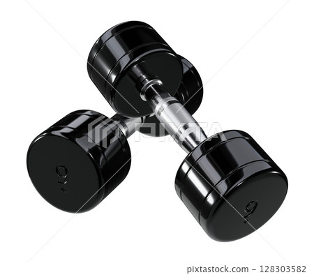 Two blank Round Dumbbells, black weightlifting gym equipment top view, isolated on white background. 3D illustration Two blank Round Dumbbells, black weightlifting gym equipment top view, isolated on white background. 3D illustration 128303582
