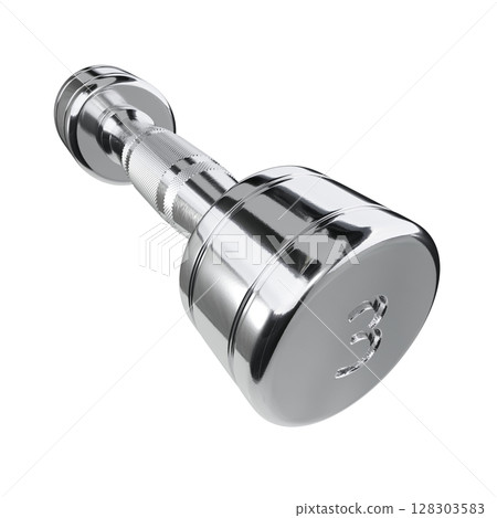 Blank Round Dumbbell, chrome weightlifting gym equipment side view, isolated on white background. 3D illustration Blank Round Dumbbell, chrome weightlifting gym equipment side view, isolated on white background. 3D illustration 128303583