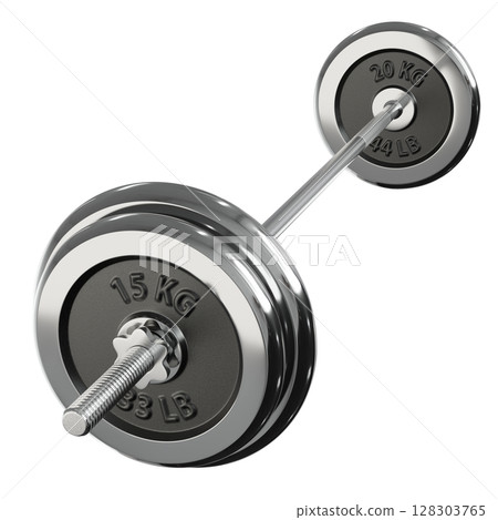 Cast Iron Adjustable Barbell with 20kg and 15kg plates, side view, isolated on white background. 3D illustration 128303765