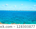 Irabu Bridge connecting Miyako Island and Irabu Island: A view of the emerald blue sea bridge 128303877