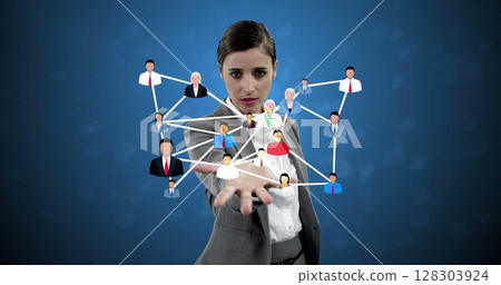 Interacting with virtual network, businesswoman connecting with diverse professionals online 128303924