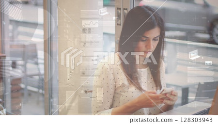 Image of statistics and data processing over businesswoman using smartphone 128303943