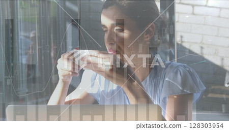 Image of statistics and data processing over woman drinking coffee and using laptop 128303954
