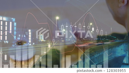 Image of statistics and data processing over cityscape and businessman using smartphone Image of statistics and data processing over cityscape and businessman using smartphone 128303955