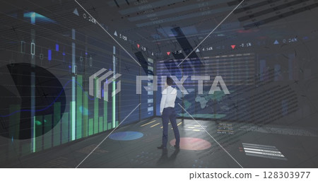 Image of statistics and financial data processing over businessman in office 128303977