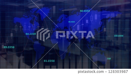 Image of statistics and numbers, financial data processing over world map 128303987
