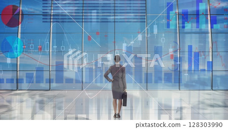 Image of statistics and financial data processing over businesswoman in office 128303990