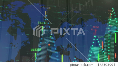 Image of statistics and numbers, financial data processing over world map Image of statistics and numbers, financial data processing over world map 128303991