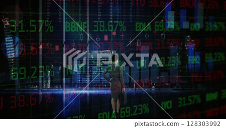 Image of stock market and financial data processing over businesswoman Image of stock market and financial data processing over businesswoman 128303992
