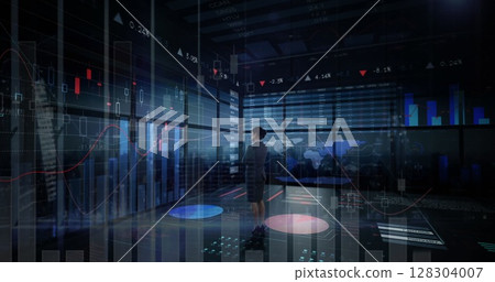 Image of statistics and financial data processing over businesswoman in office Image of statistics and financial data processing over businesswoman in office 128304007