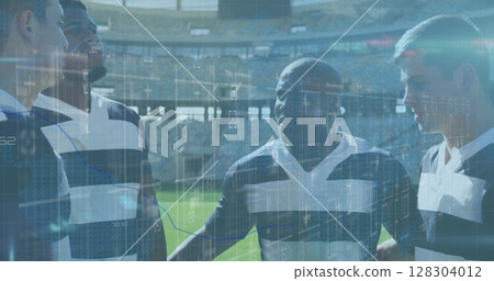Image of statistics and data processing over rugby players on sports stadium Image of statistics and data processing over rugby players on sports stadium 128304012