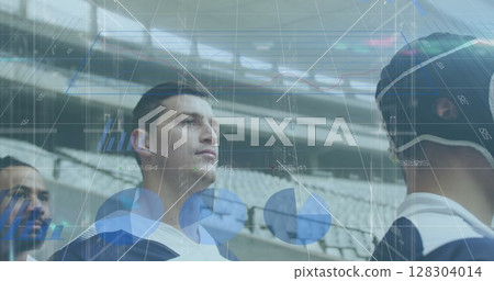 Image of statistics and data processing over rugby player in sports stadium Image of statistics and data processing over rugby player in sports stadium 128304014