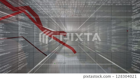 Red graphs moving over grid network against multiple screens with data processing Red graphs moving over grid network against multiple screens with data processing 128304021