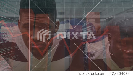 Red graphs moving over grid network against data processing and team of male rugby players 128304024