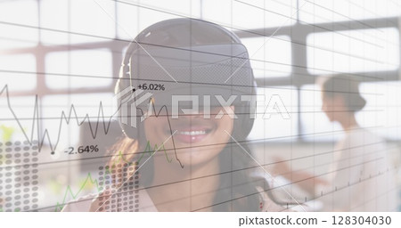 Image of financial data processing over business people using vr headsets 128304030