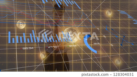 Image of statistics processing with bitcoins over businessman Image of statistics processing with bitcoins over businessman 128304031