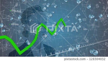 Image of green line, statistics processing with bitcoins over businesswoman Image of green line, statistics processing with bitcoins over businesswoman 128304032