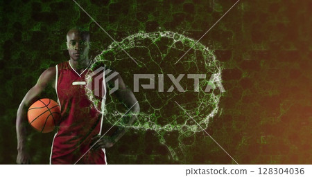 Image of digital brain spinning over male basketball player holding ball Image of digital brain spinning over male basketball player holding ball 128304036